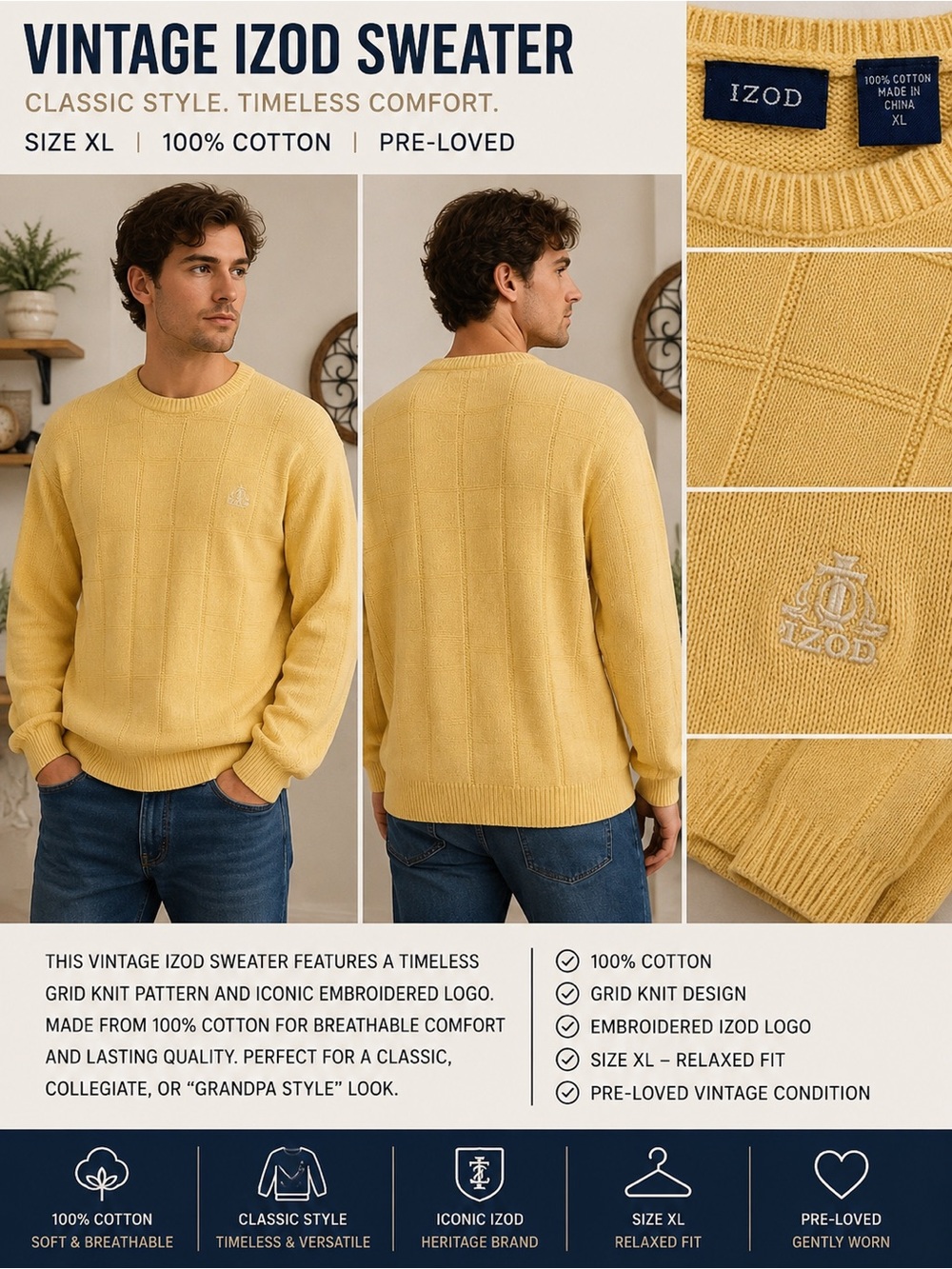 Izod Mens Yellow Grampa Squares Sweater 100%‎ Cotton Size Large Oversized Preppy